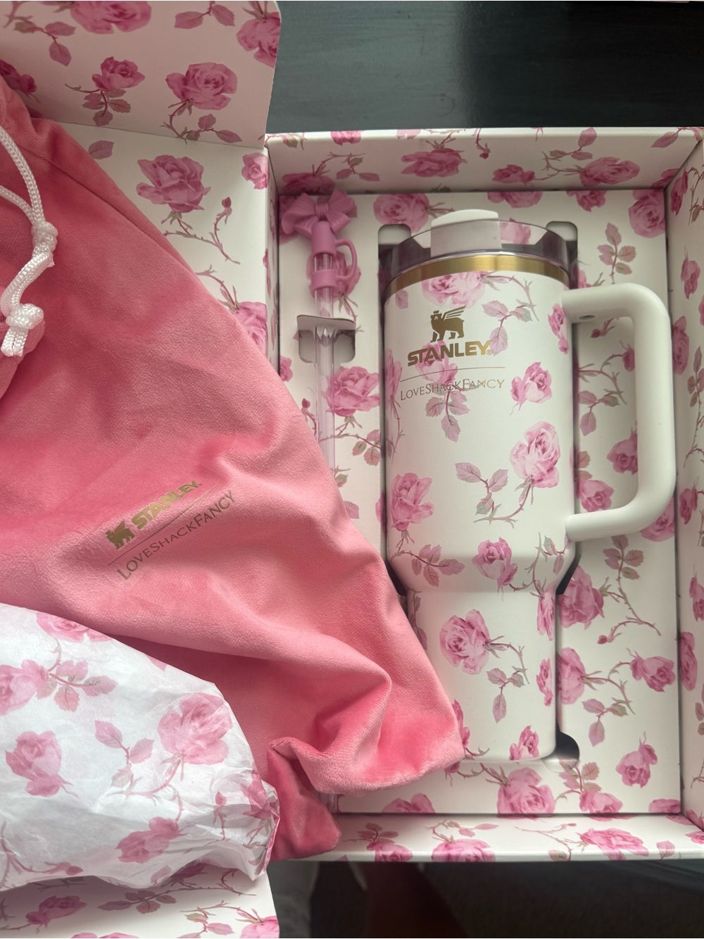 Stanley White Travel Mug with Pink Rose Pattern and Gold Logo